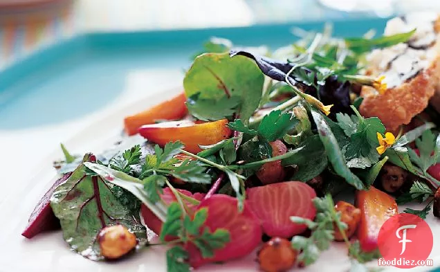 Summer Greens and Herbs with Roasted Beets and Hazelnuts