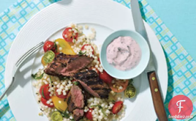 Grilled Lamb Loin With Tomato and Cucumber Raita and Israeli Couscous
