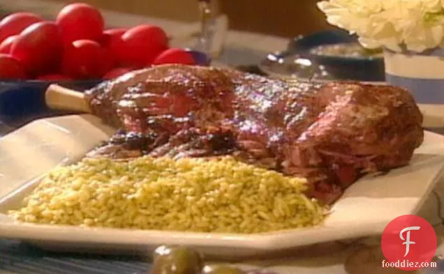 Roasted Leg of Lamb with Saffron and Olive Salsa