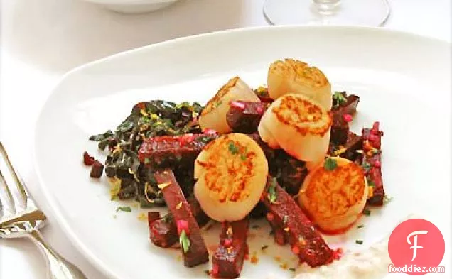 Seared Scallops With Roasted Beets, Sauteed Greens, Citrus Grem