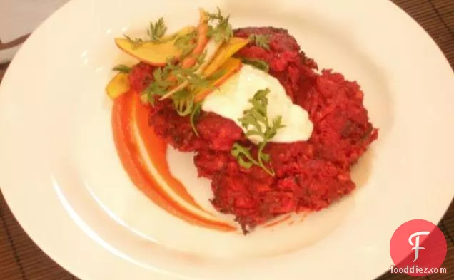 Beet and Red Onion Potato Latkes with Carrot Puree and Horseradish and Caraway Creme Fraiche