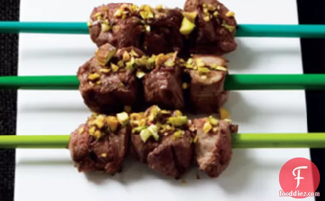 Lamb Skewers with Hot Mint and Pistachio Sauce