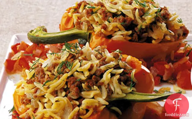 Lamb and Orzo Stuffed Pepper with Chunky Tomato Sauce