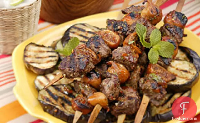 Grilled Lamb and Fig Skewers with Mint-Pepper Glaze and Grilled Eggplant