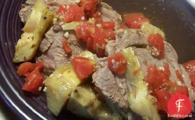 Roast Lamb With Tomatoes and Artichoke Hearts