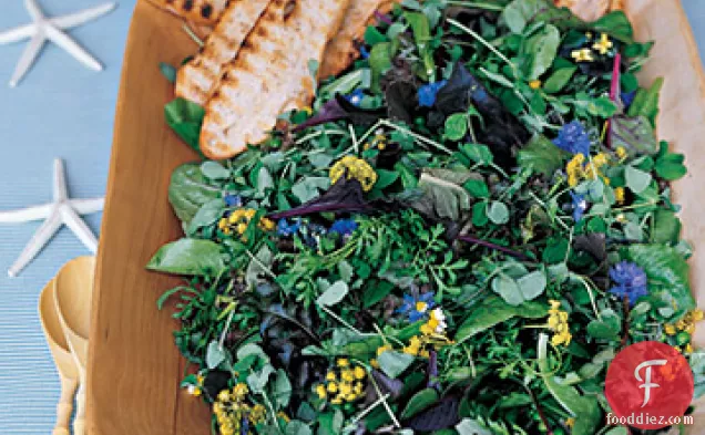Mixed Greens Salad with Freshly Shelled Peas and Edible Flowers