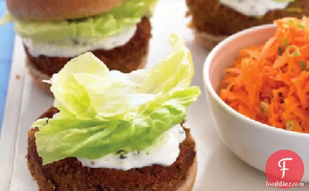 Mediterranean Veggie Burgers with Mint-Yogurt Sauce and Carrot Salad