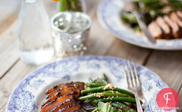 Crispy Sticky Duck With Green Beans And A Pak Choy Sesame Salad