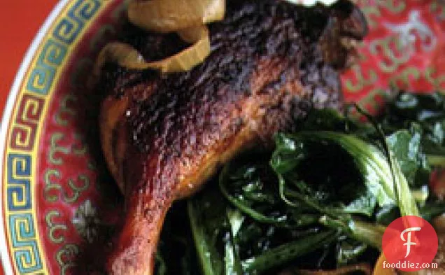 Braised Duck Legs With Mustard Greens And Bok Choy