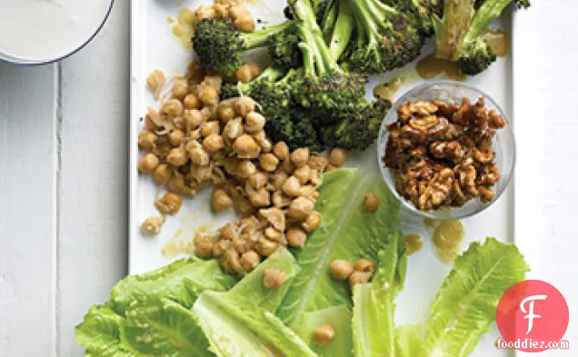 Composed Salad of Roasted Broccoli, Romaine, Chickpeas, and Walnuts