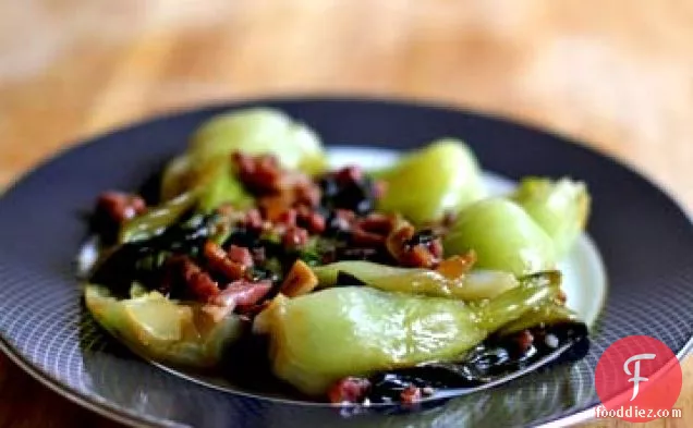 Baby Bok Choy with Sherry and Prosciutto