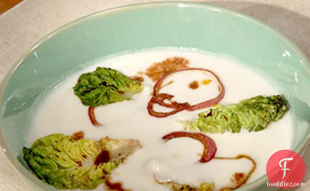 Cauliflower Soup with Balsamic Onions and Wilted Lettuce