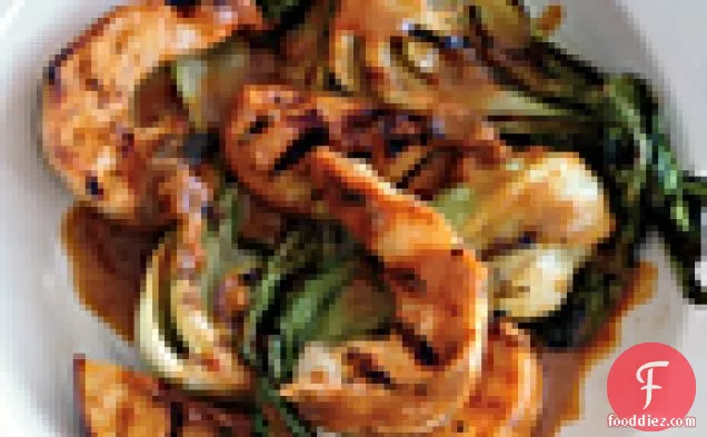 Grilled Shrimp Satay with Peaches and Bok Choy