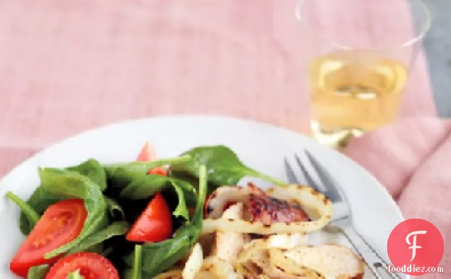 Grilled Honey-Mustard Chicken with Onions and Spinach Salad