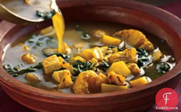 Curried Potato and Spinach Soup with Onion Salsa and Minted Yogurt